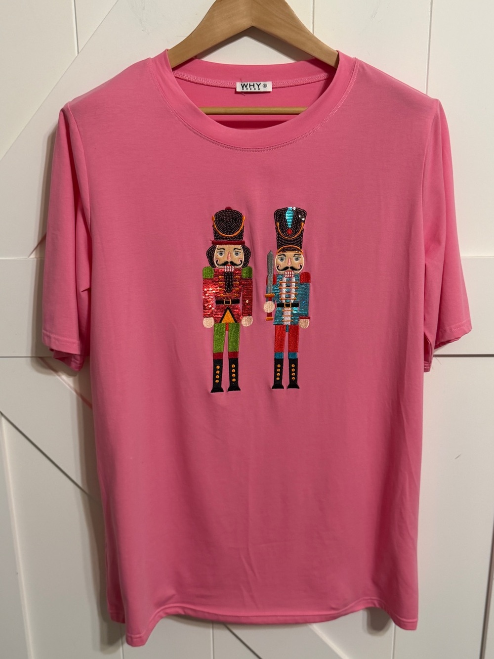 WHY® Pink Short Sleeve Sequin Nutcracker Tee Women’s Small Christmas Holiday